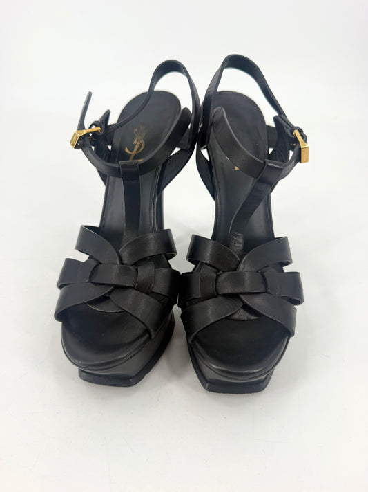 Saint Laurent Tribute 105 Black Leather Platform Sandals Size 37.5