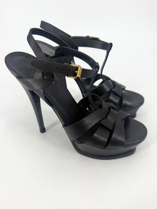Saint Laurent Tribute 105 Black Leather Platform Sandals Size 37.5