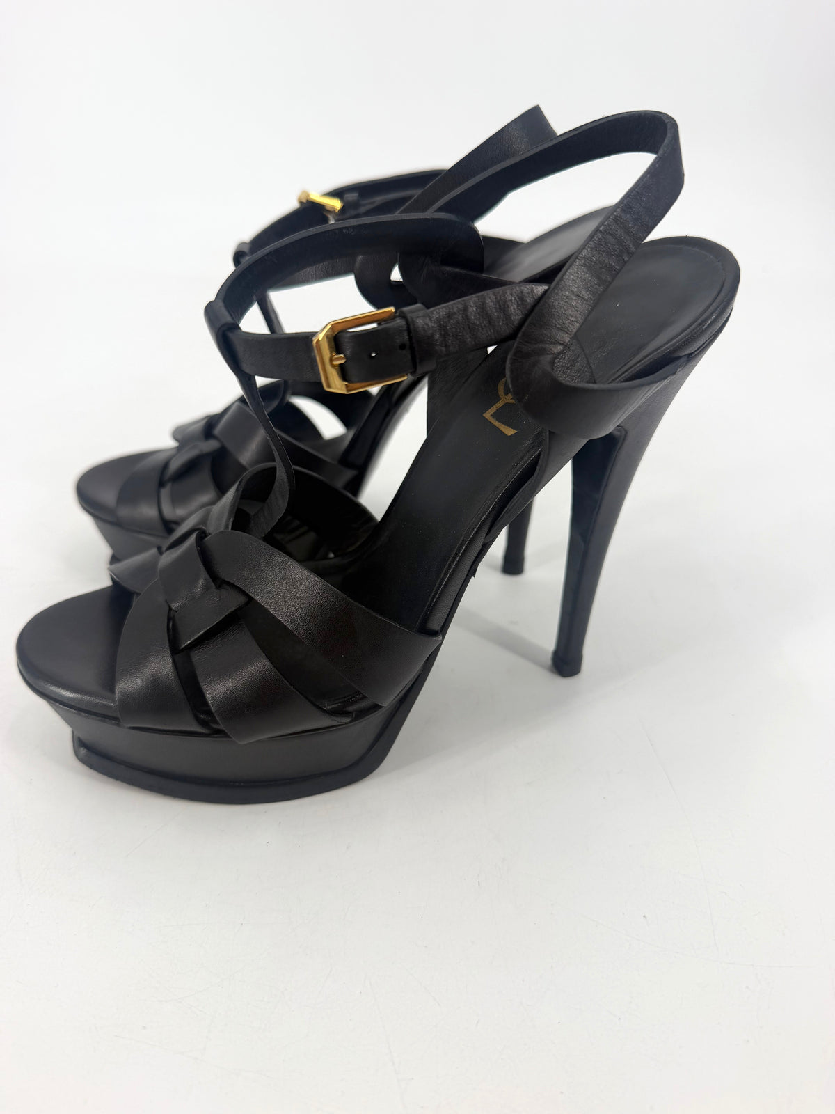 Saint Laurent Tribute 105 Black Leather Platform Sandals Size 37.5