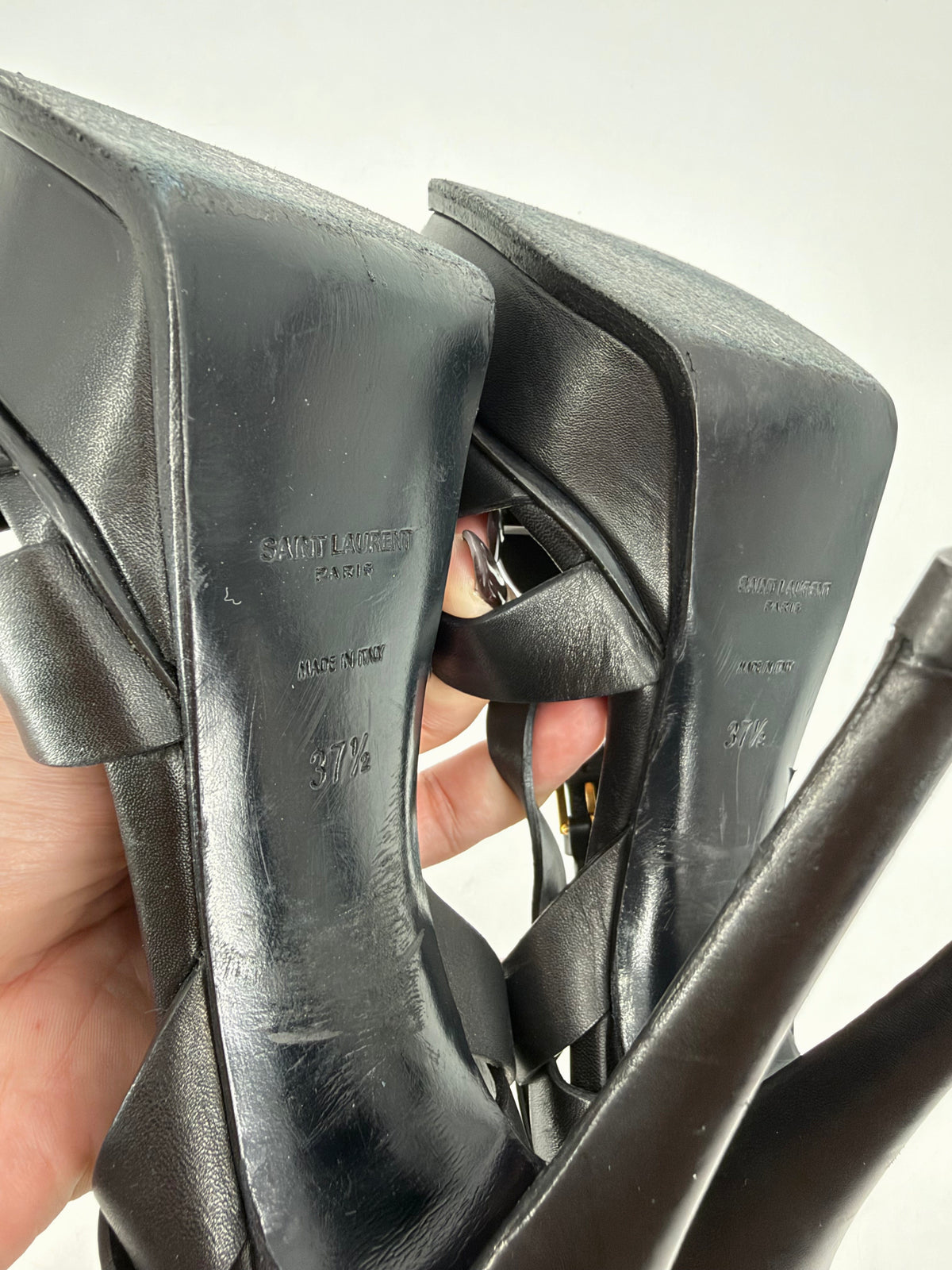 Saint Laurent Tribute 105 Black Leather Platform Sandals Size 37.5
