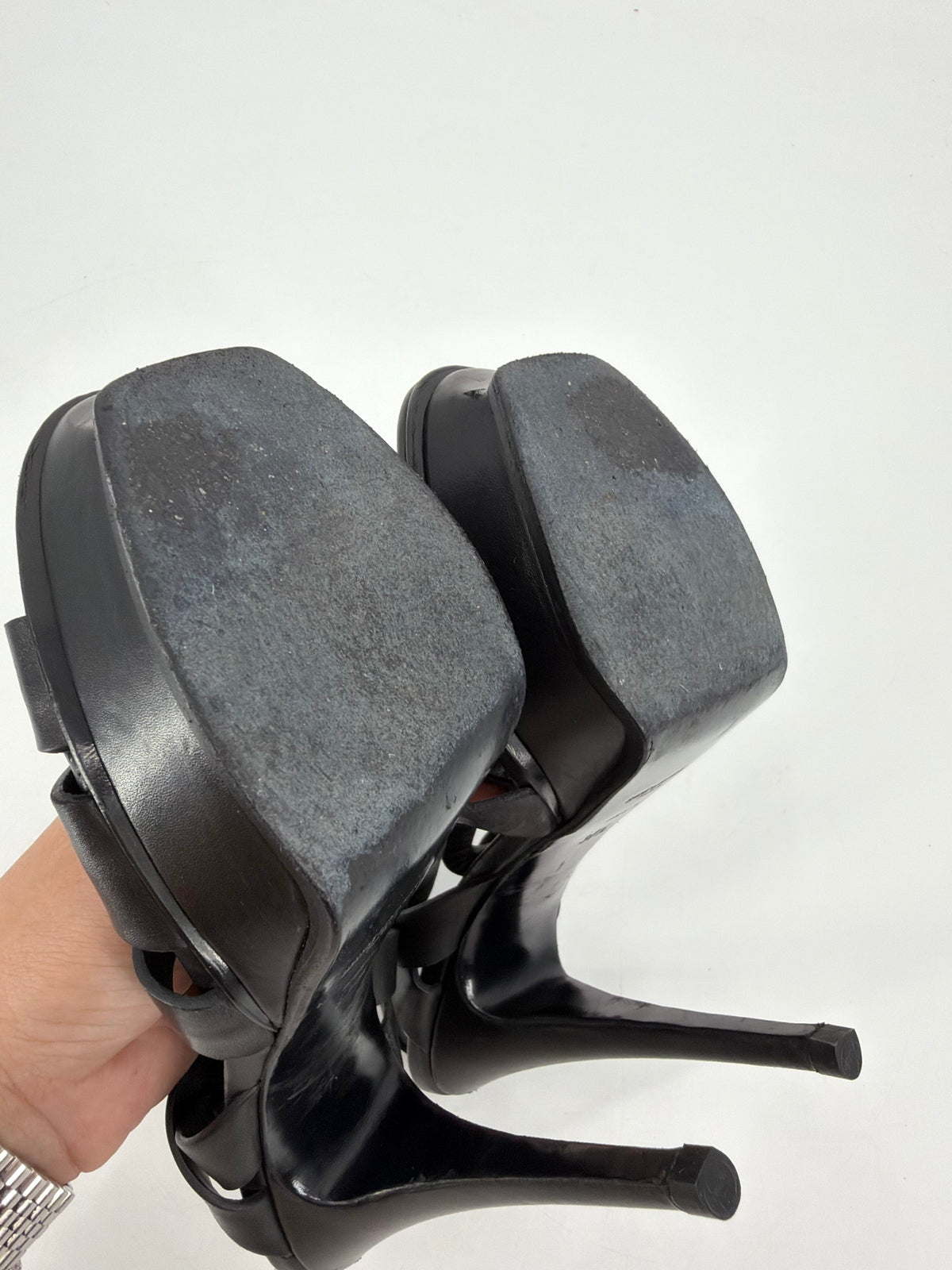 Saint Laurent Tribute 105 Black Leather Platform Sandals Size 37.5