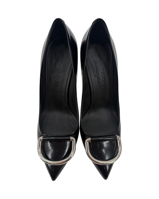 Burberry Glossy Black Leather Pointed Toe D-Ring Buckle Pumps Stiletto Size 39 Italy