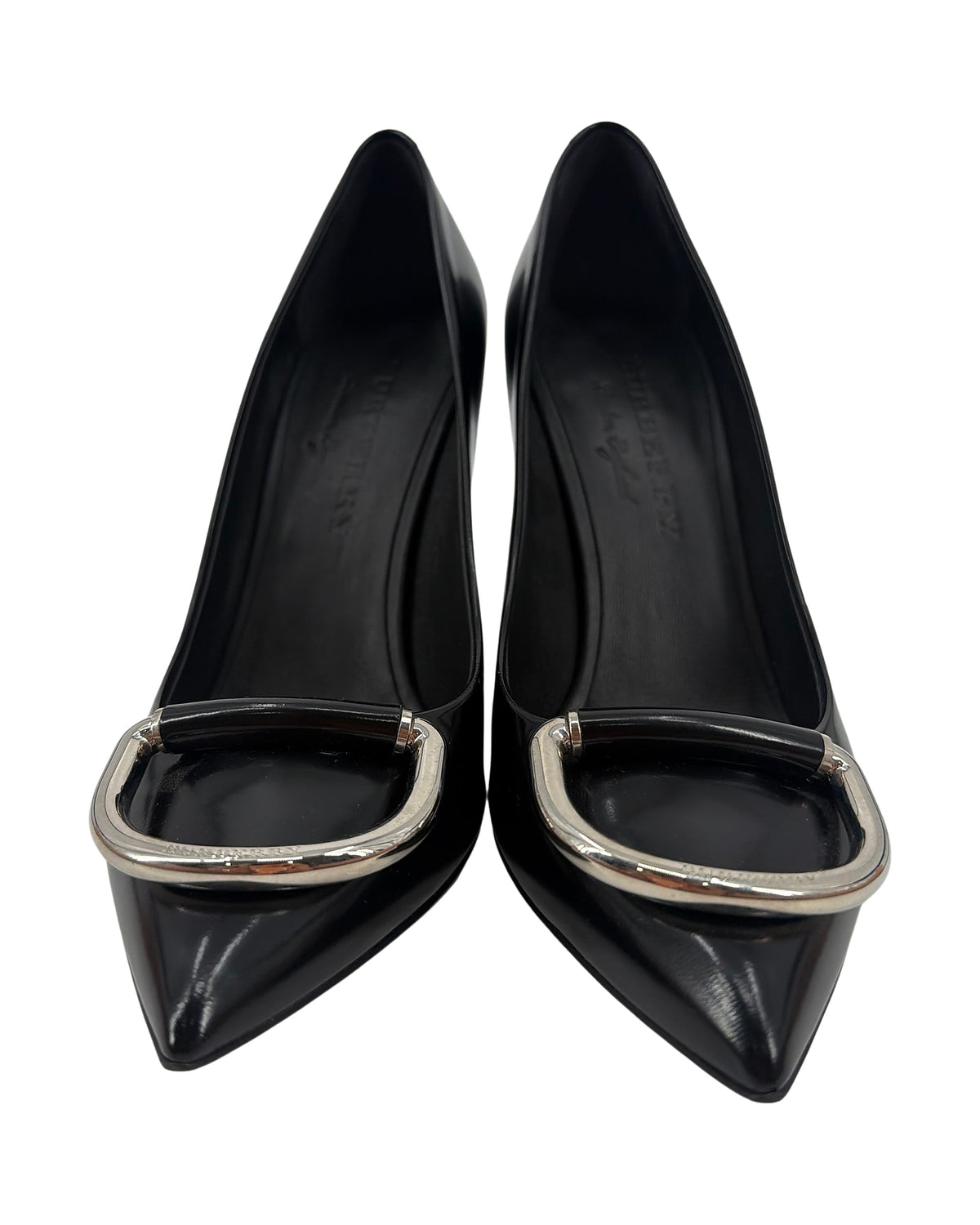Burberry Glossy Black Leather Pointed Toe D-Ring Buckle Pumps Stiletto Size 39 Italy