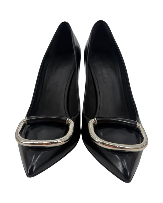 Burberry Glossy Black Leather Pointed Toe D-Ring Buckle Pumps Stiletto Size 39 Italy