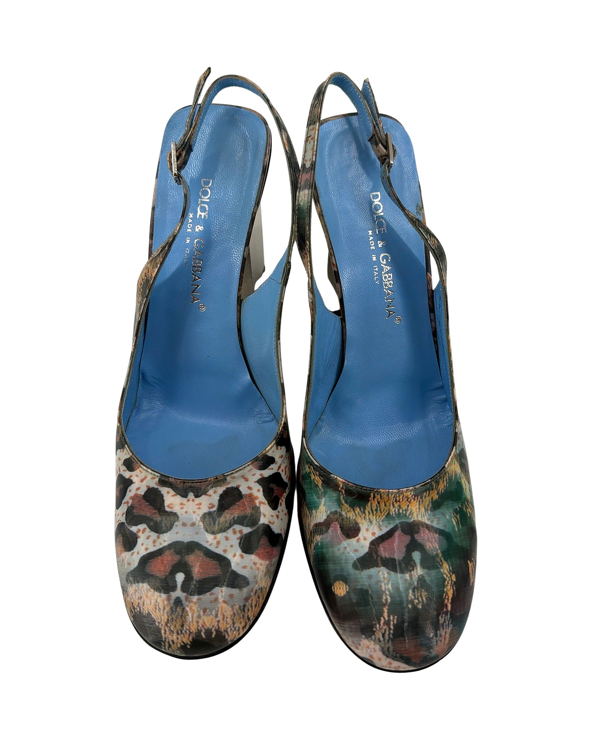 Dolce & Gabbana Leopard Print Slingback Pumps Silver Block Heel Blue Lining Size 38