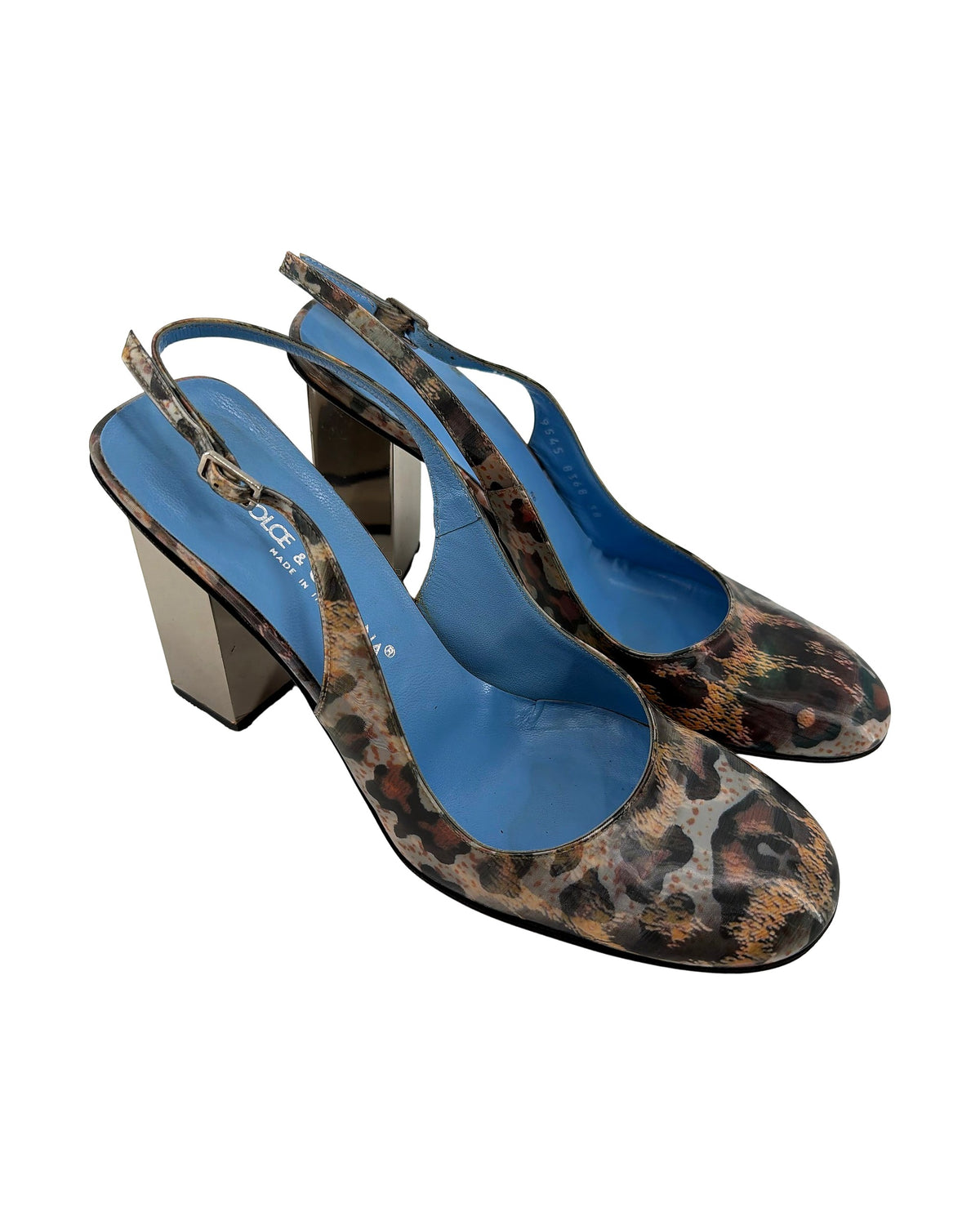 Dolce & Gabbana Leopard Print Slingback Pumps Silver Block Heel Blue Lining Size 38