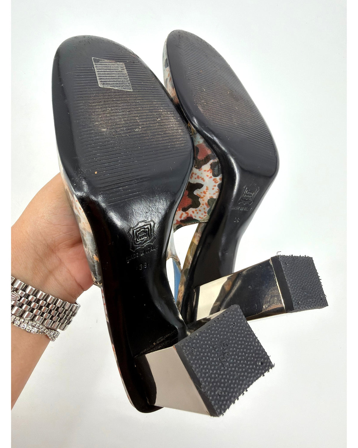 Dolce & Gabbana Leopard Print Slingback Pumps Silver Block Heel Blue Lining Size 38