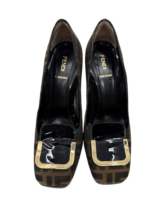 Fendi Zucca FF Monogram Canvas Pumps Black Patent Gold Square Buckle Heels Size 40