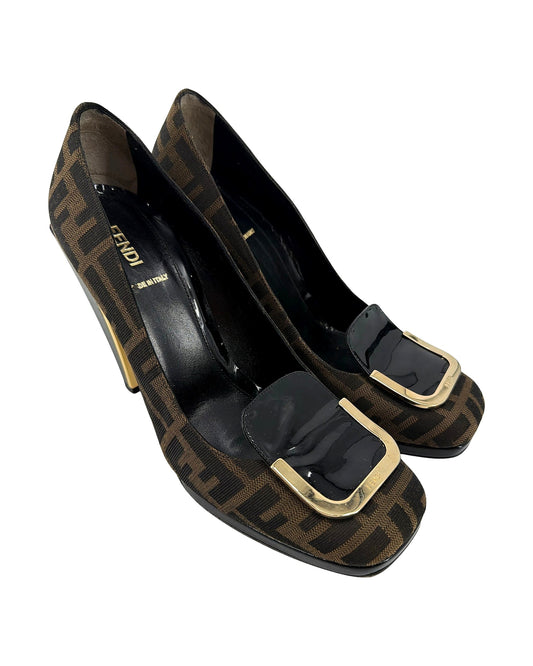 Fendi Zucca FF Monogram Canvas Pumps Black Patent Gold Square Buckle Heels Size 40
