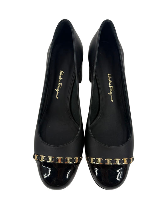 Salvatore Ferragamo Black Leather Patent Cap Toe Gold Chain Pumps Block Heel Size 8B