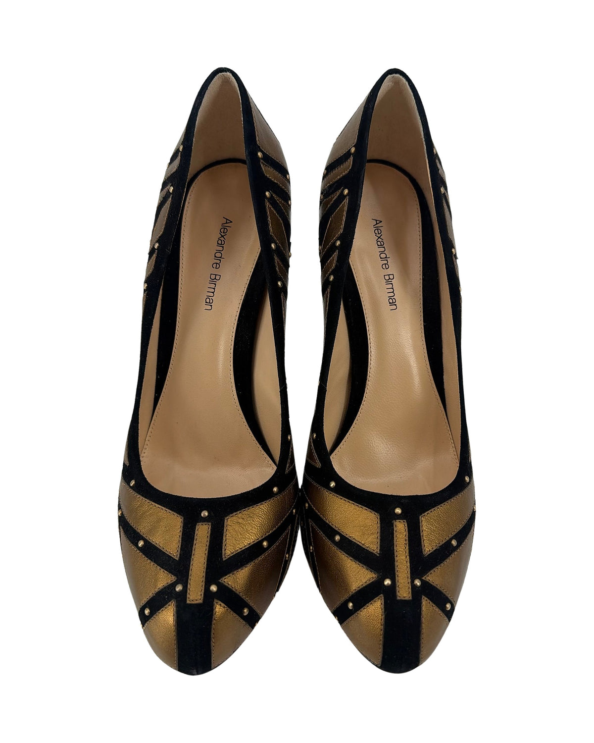 Alexandre Birman Black Suede Metallic Gold Geometric Studded Pumps Heels Size 8.5