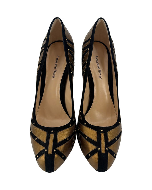 Alexandre Birman Black Suede Metallic Gold Geometric Studded Pumps Heels Size 8.5