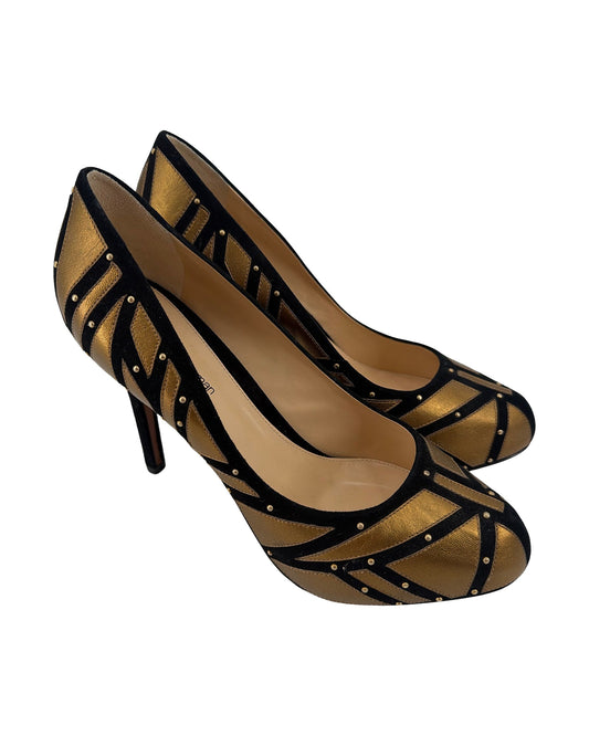 Alexandre Birman Black Suede Metallic Gold Geometric Studded Pumps Heels Size 8.5