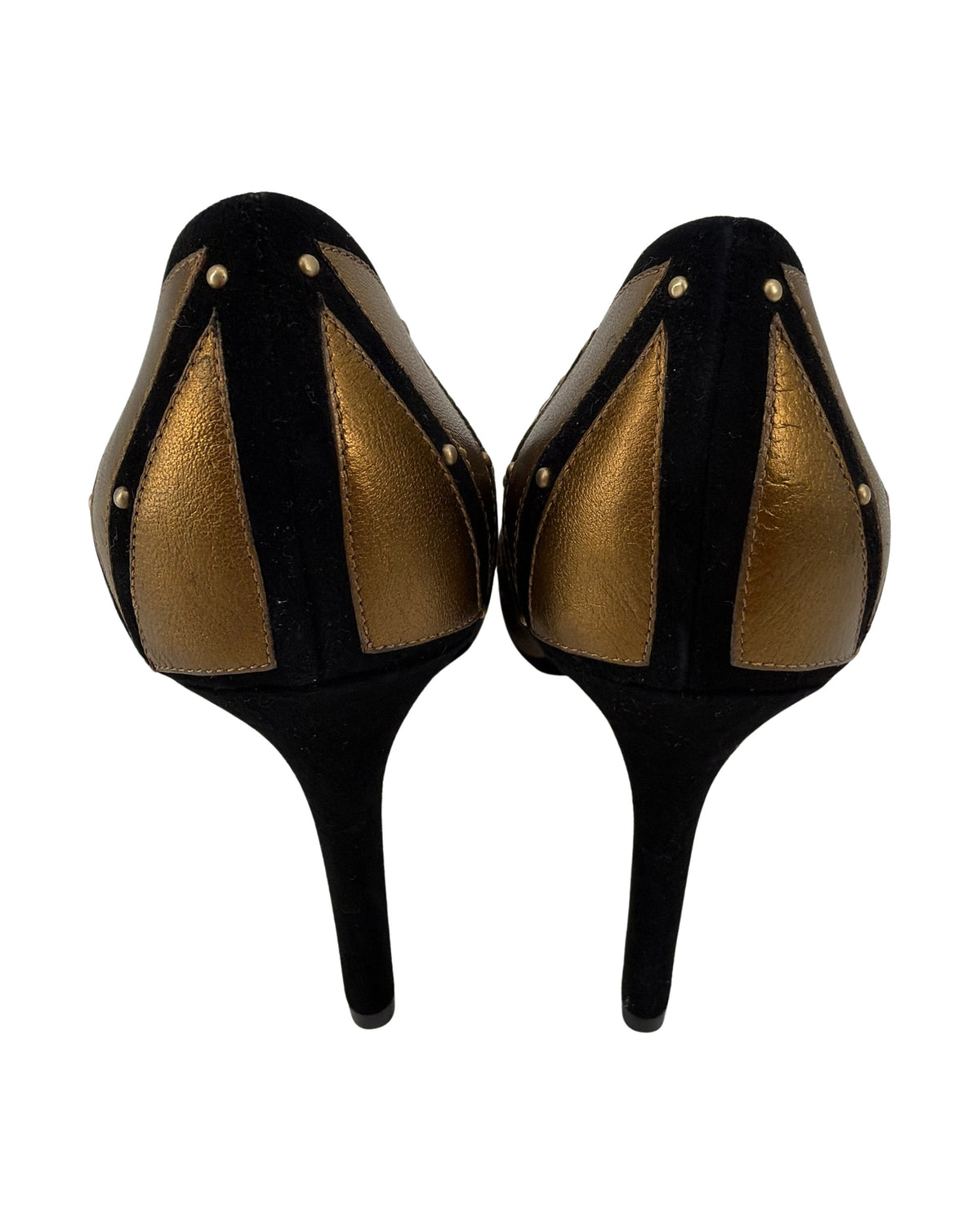 Alexandre Birman Black Suede Metallic Gold Geometric Studded Pumps Heels Size 8.5