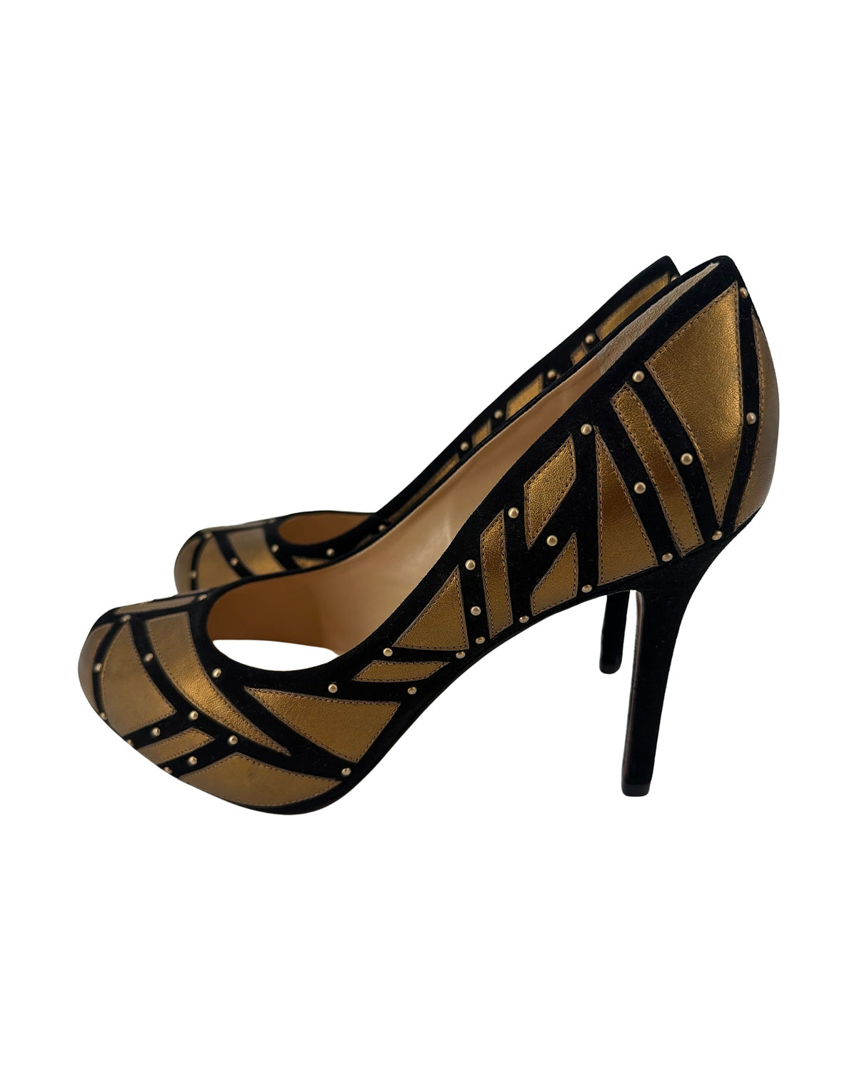 Alexandre Birman Black Suede Metallic Gold Geometric Studded Pumps Heels Size 8.5
