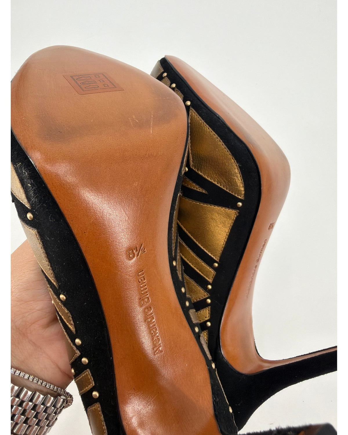 Alexandre Birman Black Suede Metallic Gold Geometric Studded Pumps Heels Size 8.5