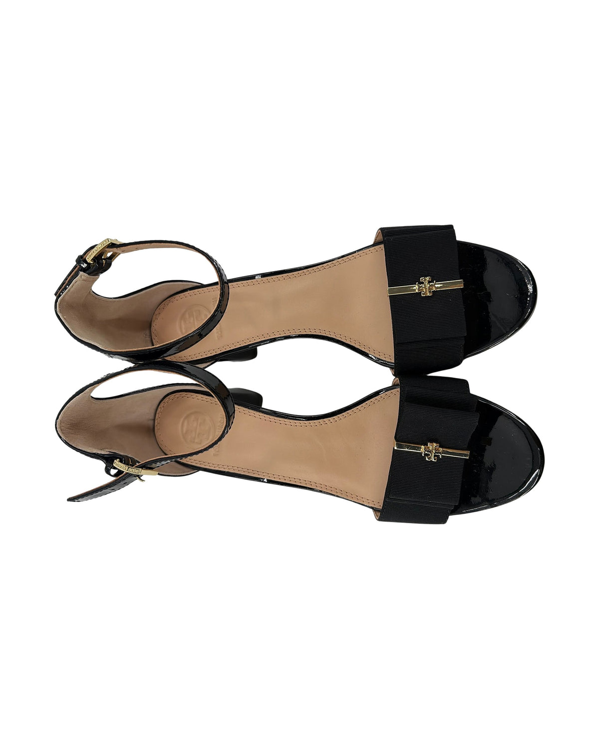 Tory Burch Black Patent Leather Bow Ankle Strap Sandals Block Heel Gold Logo Size 8.5