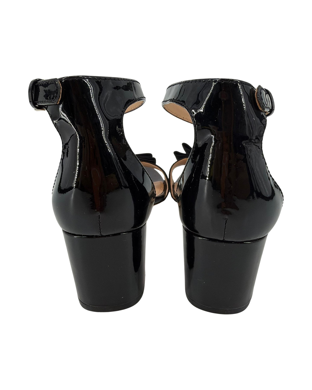 Tory Burch Black Patent Leather Bow Ankle Strap Sandals Block Heel Gold Logo Size 8.5