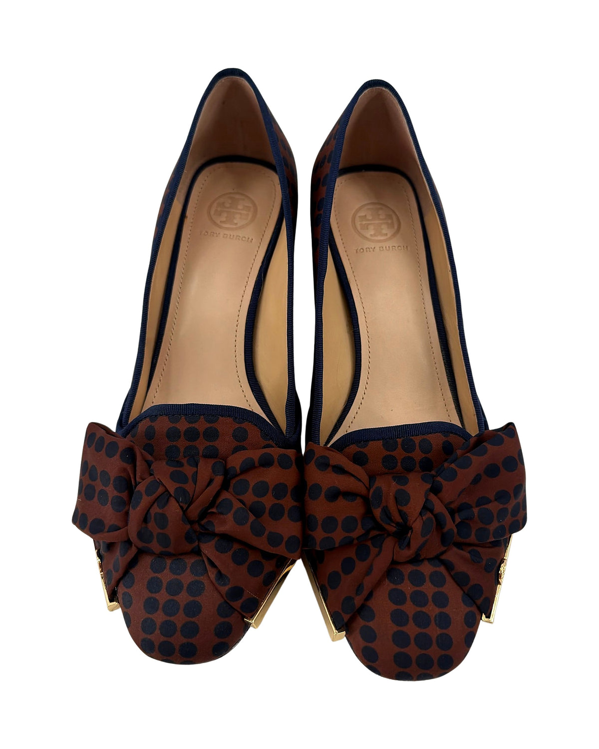 Tory Burch Rust Navy Polka Dot Bow Block Heel Pumps Gold Logo Toe Women's Size 8.5