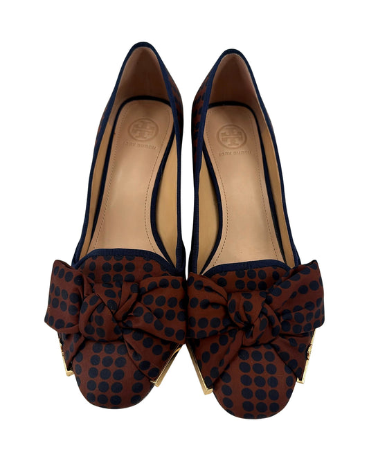 Tory Burch Rust Navy Polka Dot Bow Block Heel Pumps Gold Logo Toe Women's Size 8.5