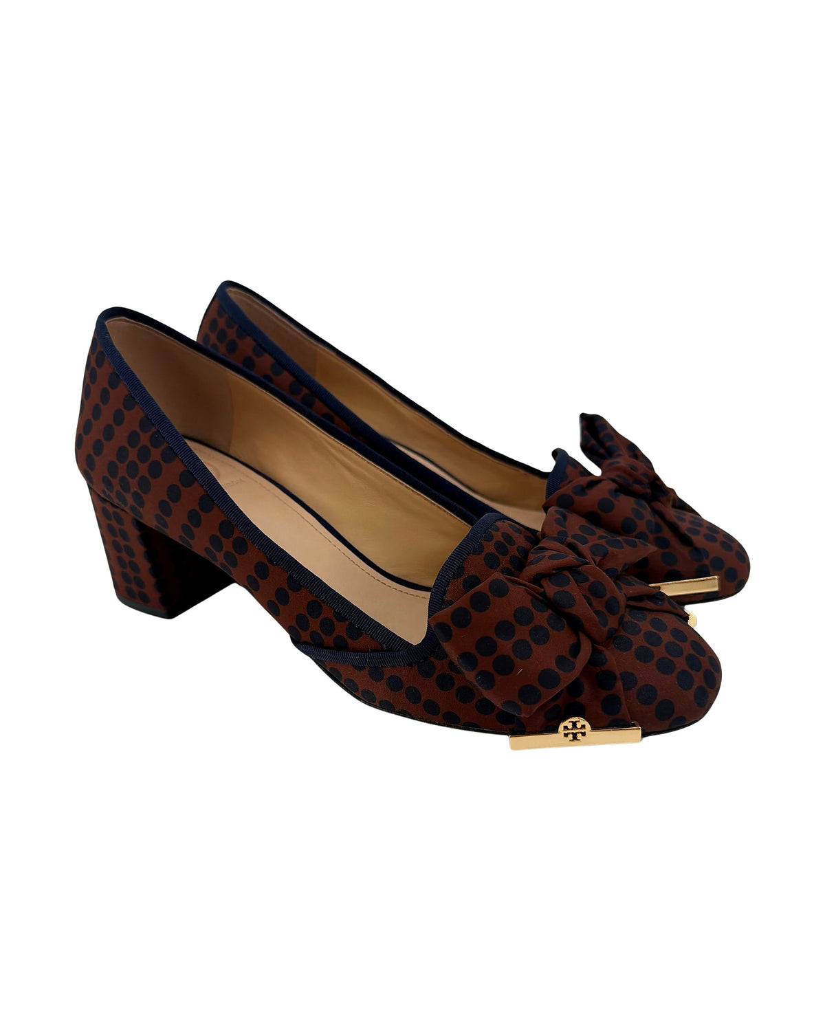 Tory Burch Rust Navy Polka Dot Bow Block Heel Pumps Gold Logo Toe Women's Size 8.5