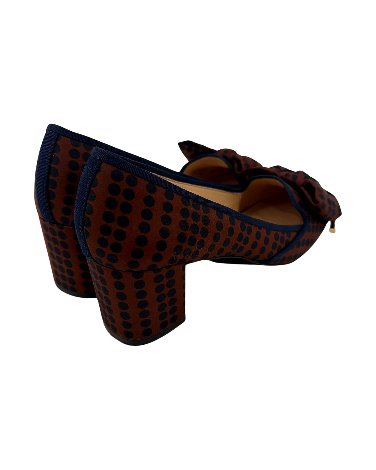 Tory Burch Rust Navy Polka Dot Bow Block Heel Pumps Gold Logo Toe Women's Size 8.5