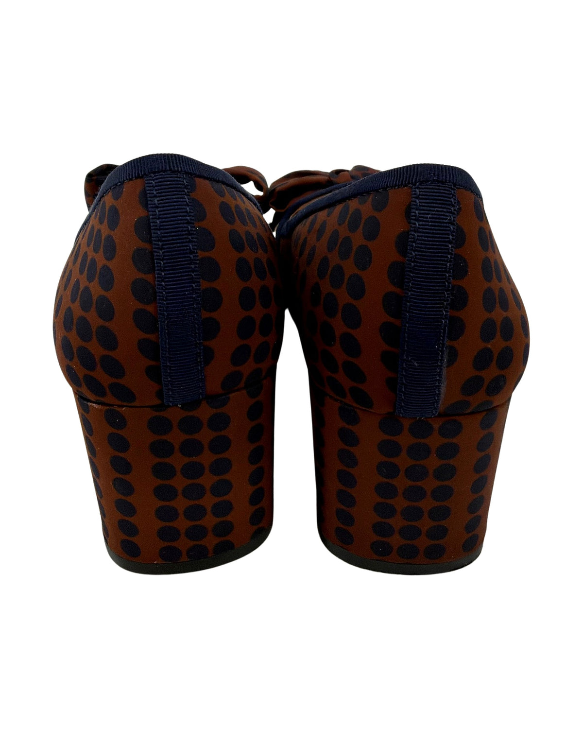 Tory Burch Rust Navy Polka Dot Bow Block Heel Pumps Gold Logo Toe Women's Size 8.5
