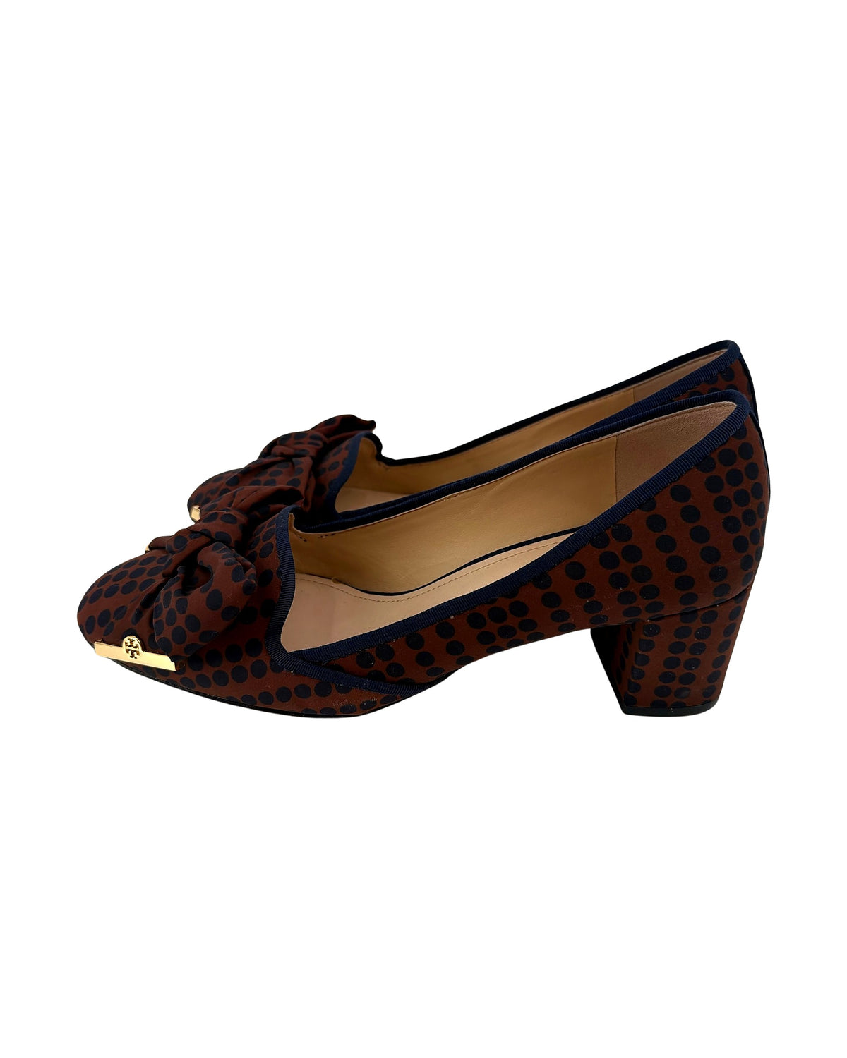 Tory Burch Rust Navy Polka Dot Bow Block Heel Pumps Gold Logo Toe Women's Size 8.5