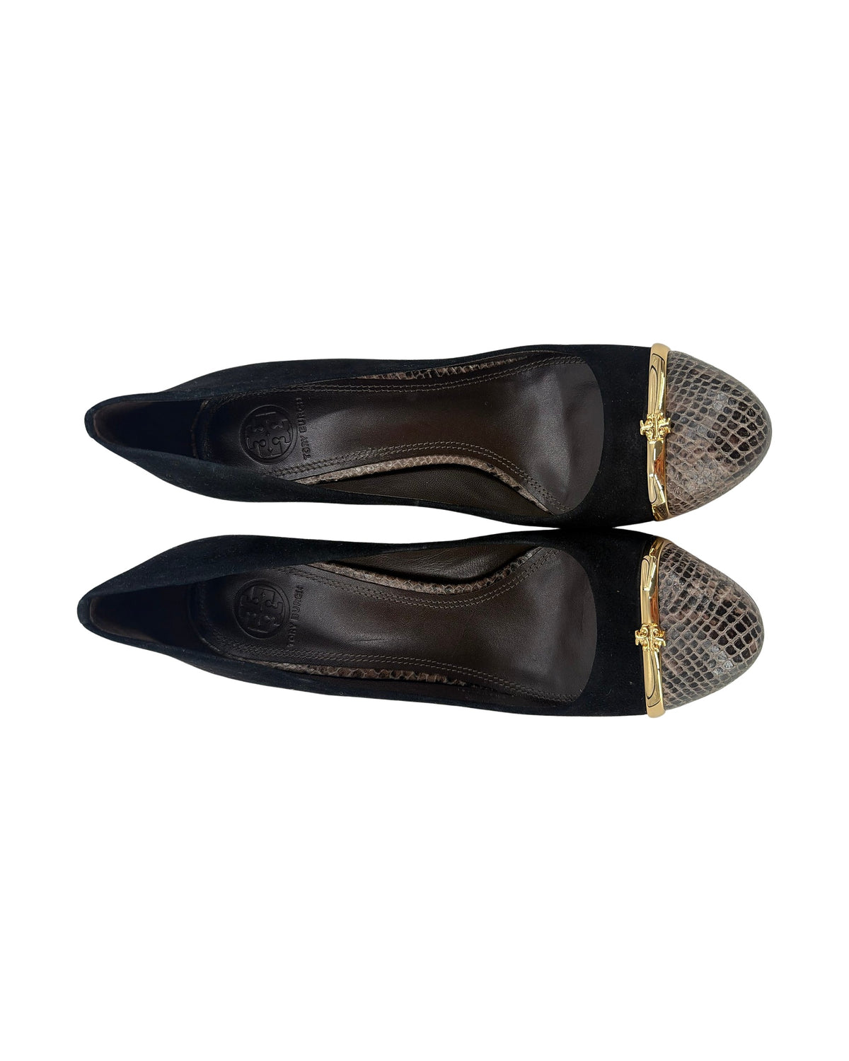 Tory Burch Pacey Black Suede Snake Embossed Cap Toe Pumps Gold Logo Heels Size 8.5