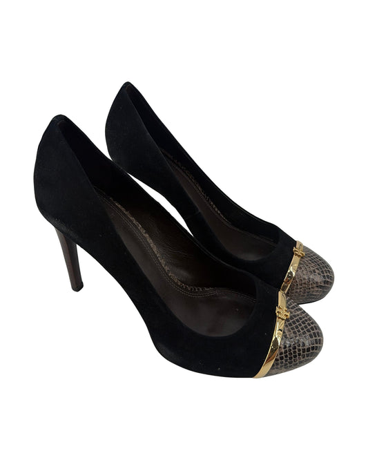 Tory Burch Pacey Black Suede Snake Embossed Cap Toe Pumps Gold Logo Heels Size 8.5