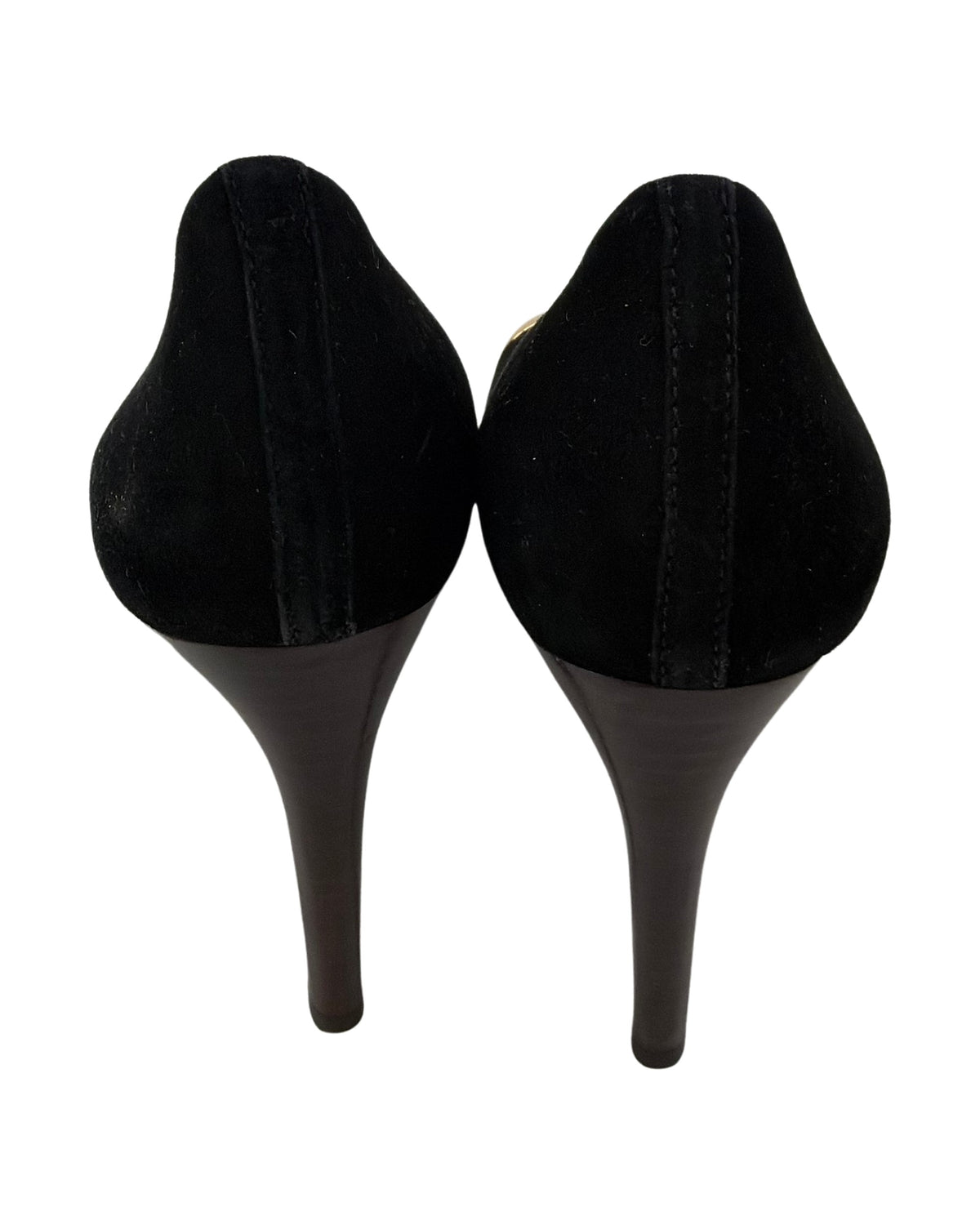 Tory Burch Pacey Black Suede Snake Embossed Cap Toe Pumps Gold Logo Heels Size 8.5