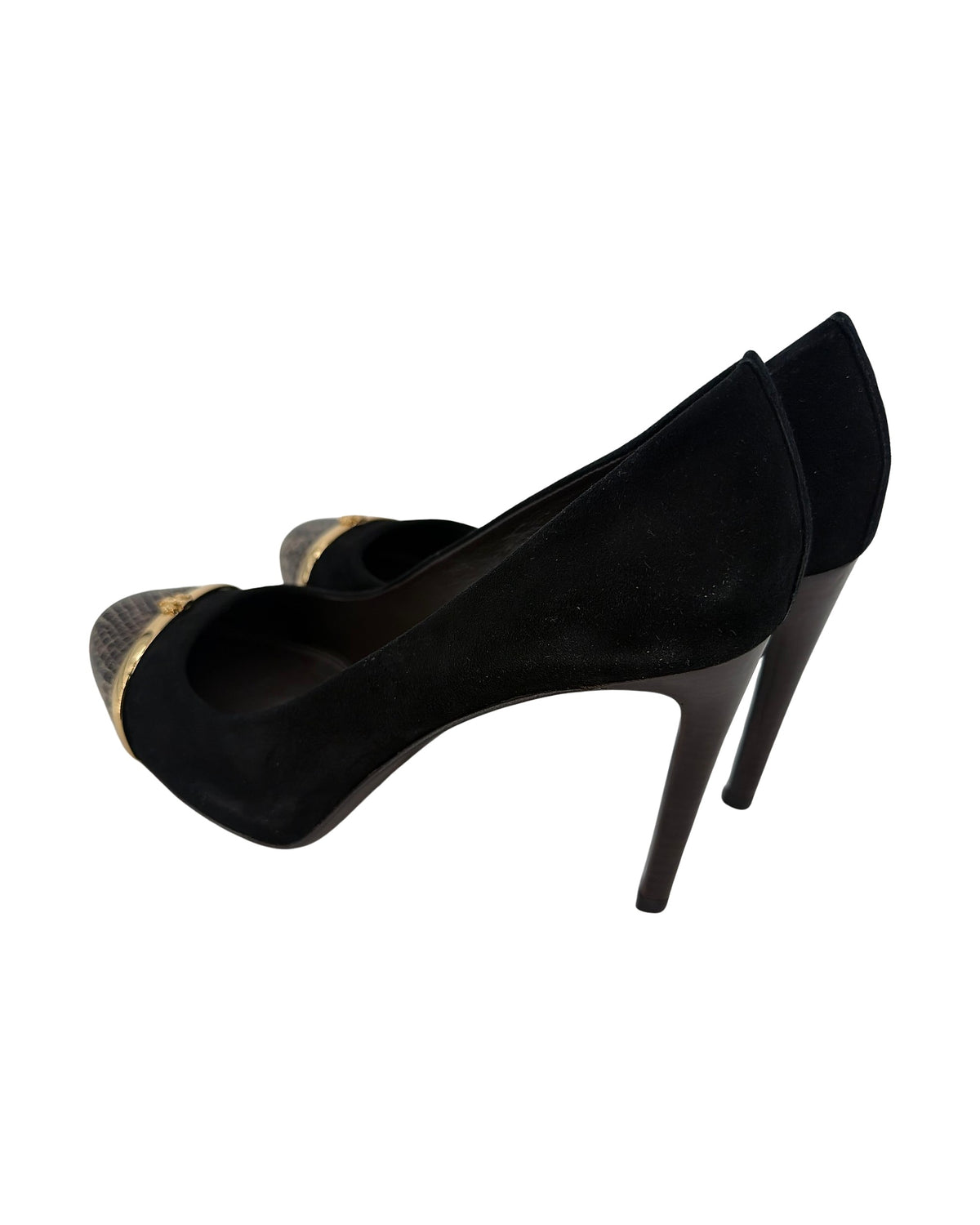 Tory Burch Pacey Black Suede Snake Embossed Cap Toe Pumps Gold Logo Heels Size 8.5