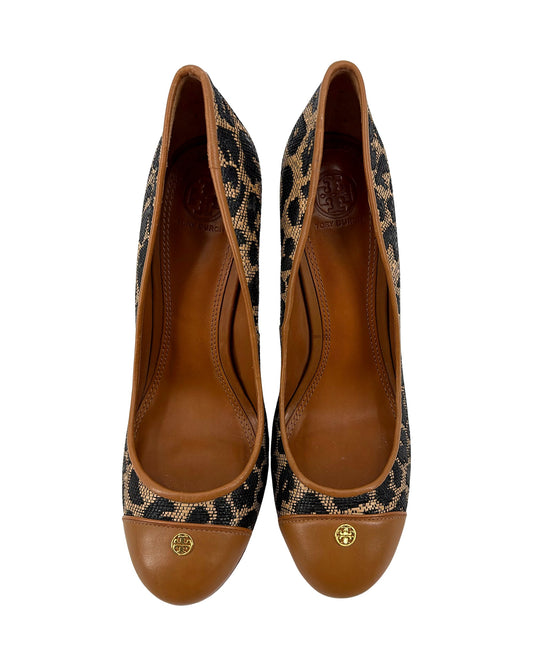Tory Burch Leopard Woven Fabric Tan Leather Cap Toe Pumps Gold Logo Block Heel Size 9
