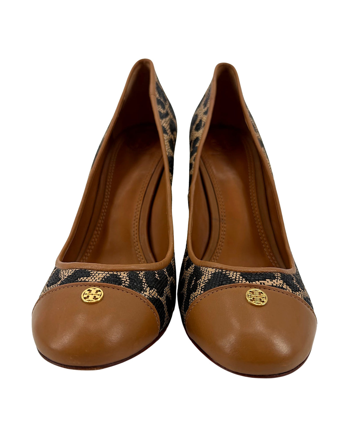 Tory Burch Leopard Woven Fabric Tan Leather Cap Toe Pumps Gold Logo Block Heel Size 9