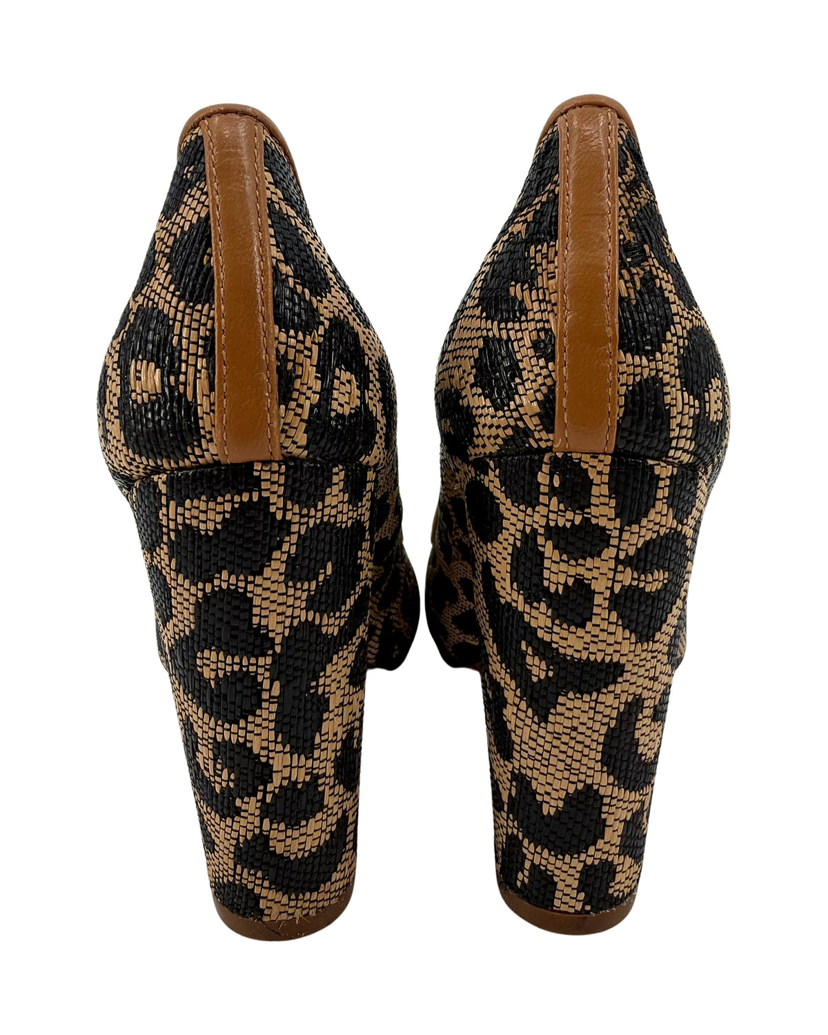 Tory Burch Leopard Woven Fabric Tan Leather Cap Toe Pumps Gold Logo Block Heel Size 9