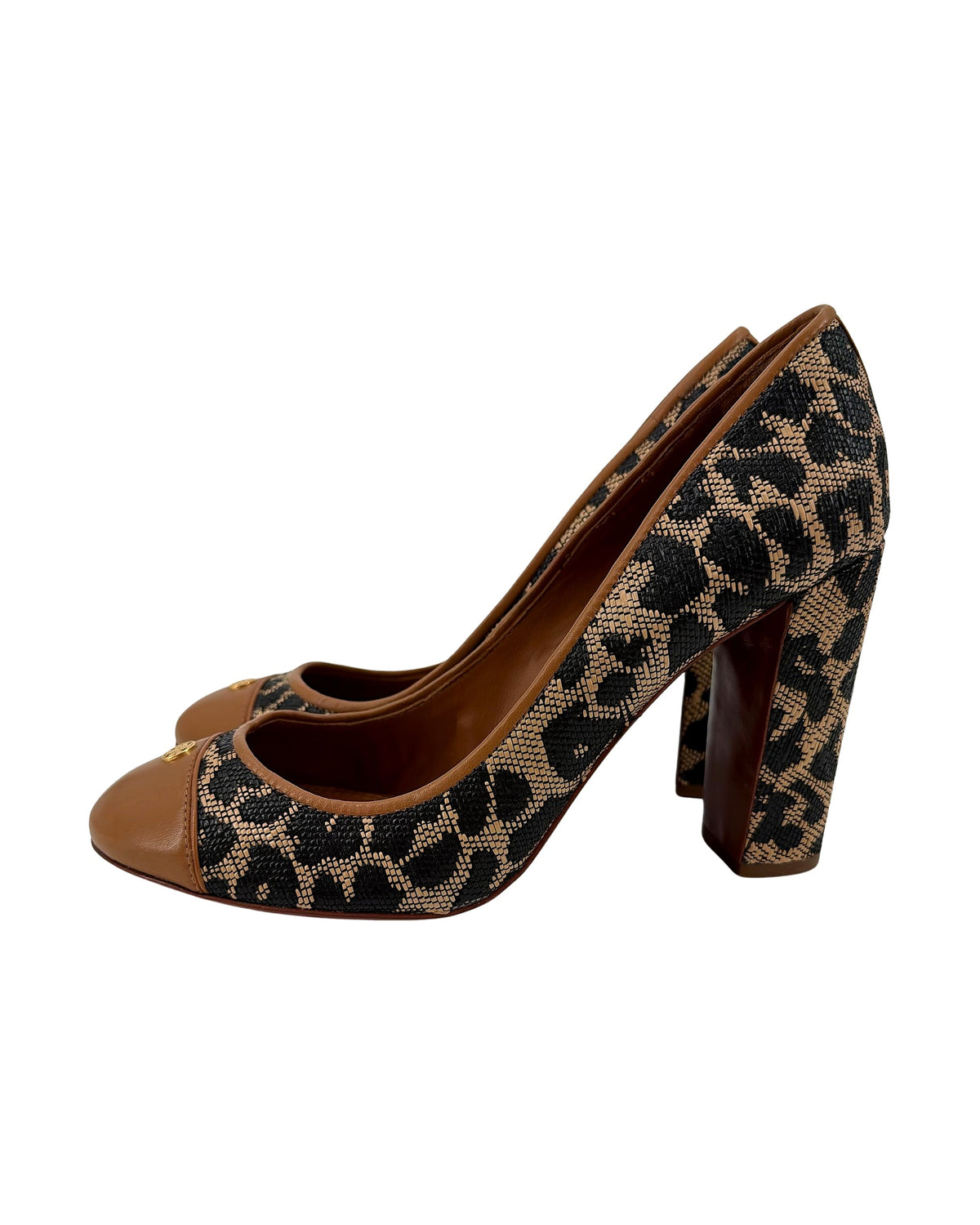 Tory Burch Leopard Woven Fabric Tan Leather Cap Toe Pumps Gold Logo Block Heel Size 9