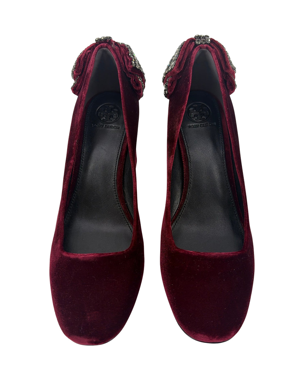 Tory Burch Josephine Burgundy Velvet Crystal Bow Block Heel Pumps Round Toe Size 8.5