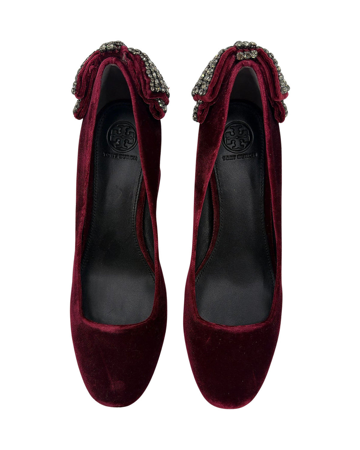 Tory Burch Josephine Burgundy Velvet Crystal Bow Block Heel Pumps Round Toe Size 8.5
