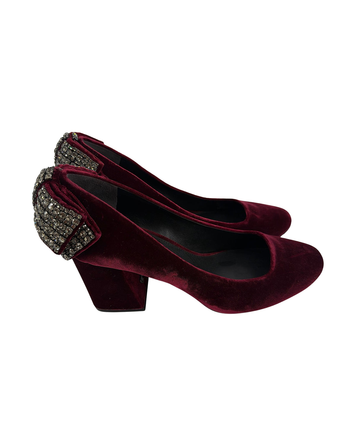 Tory Burch Josephine Burgundy Velvet Crystal Bow Block Heel Pumps Round Toe Size 8.5