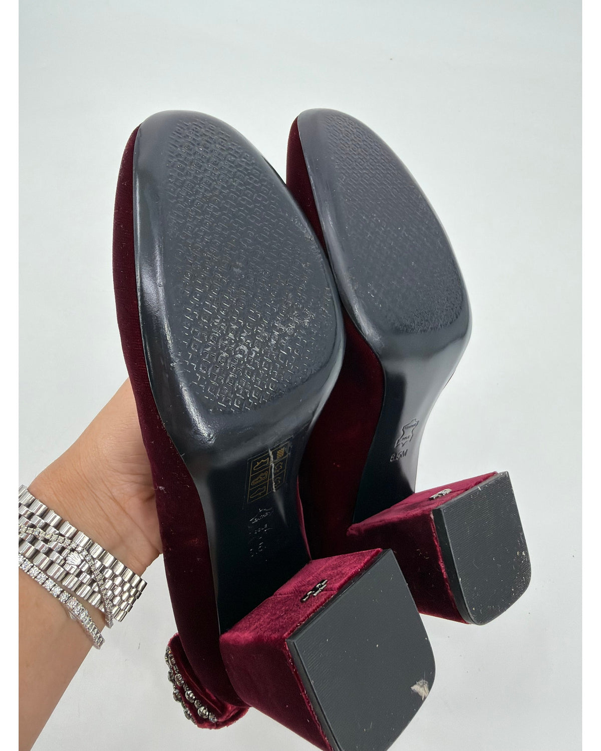 Tory Burch Josephine Burgundy Velvet Crystal Bow Block Heel Pumps Round Toe Size 8.5