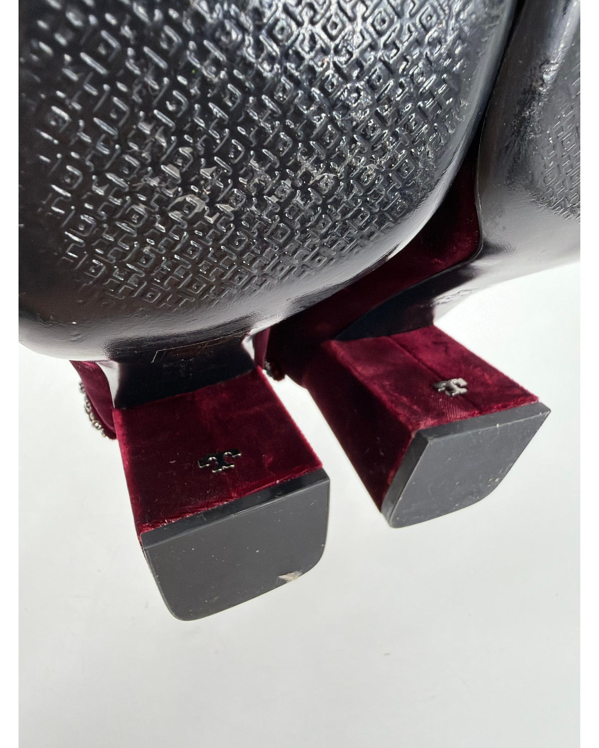 Tory Burch Josephine Burgundy Velvet Crystal Bow Block Heel Pumps Round Toe Size 8.5
