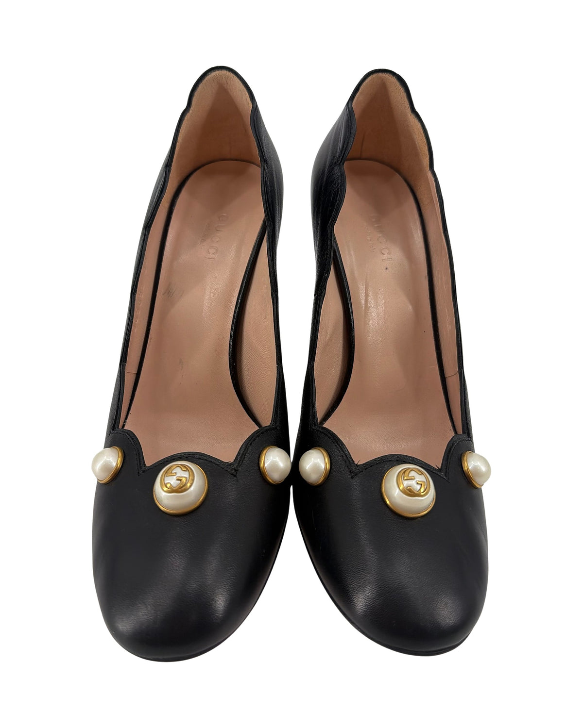 Gucci Willow Black Leather Pearl GG Scalloped Block Heel Pumps Size 38 Made in Italy