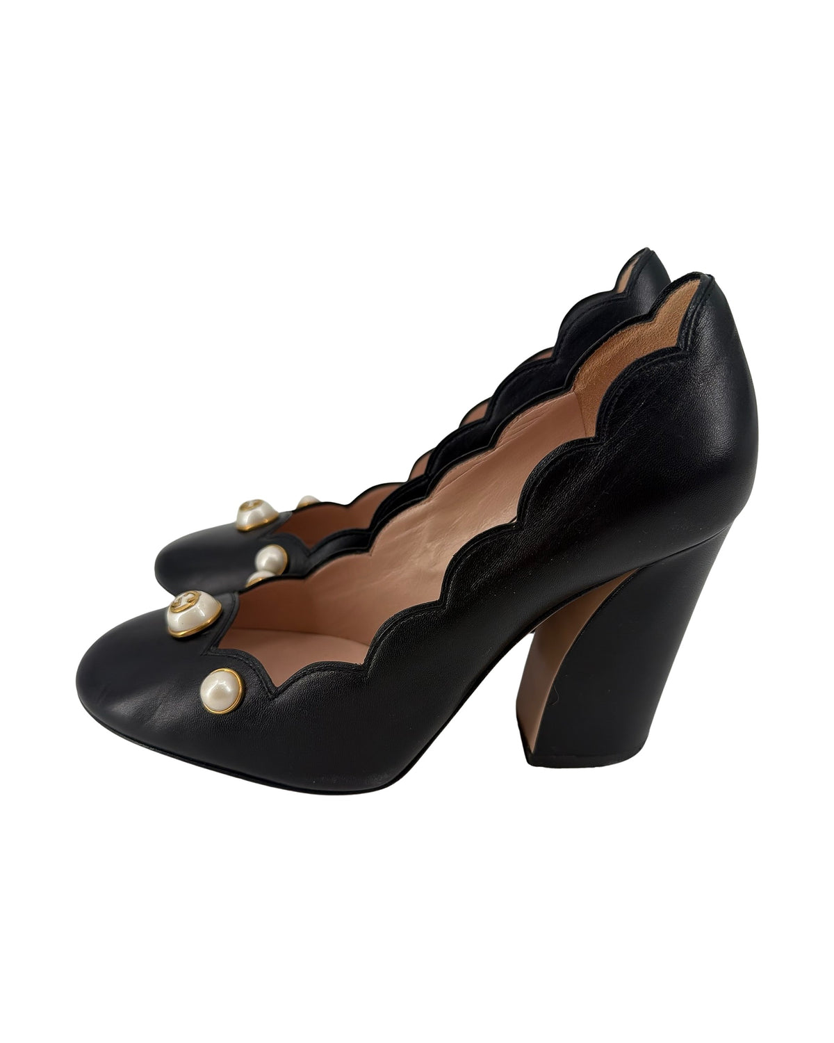 Gucci Willow Black Leather Pearl GG Scalloped Block Heel Pumps Size 38 Made in Italy