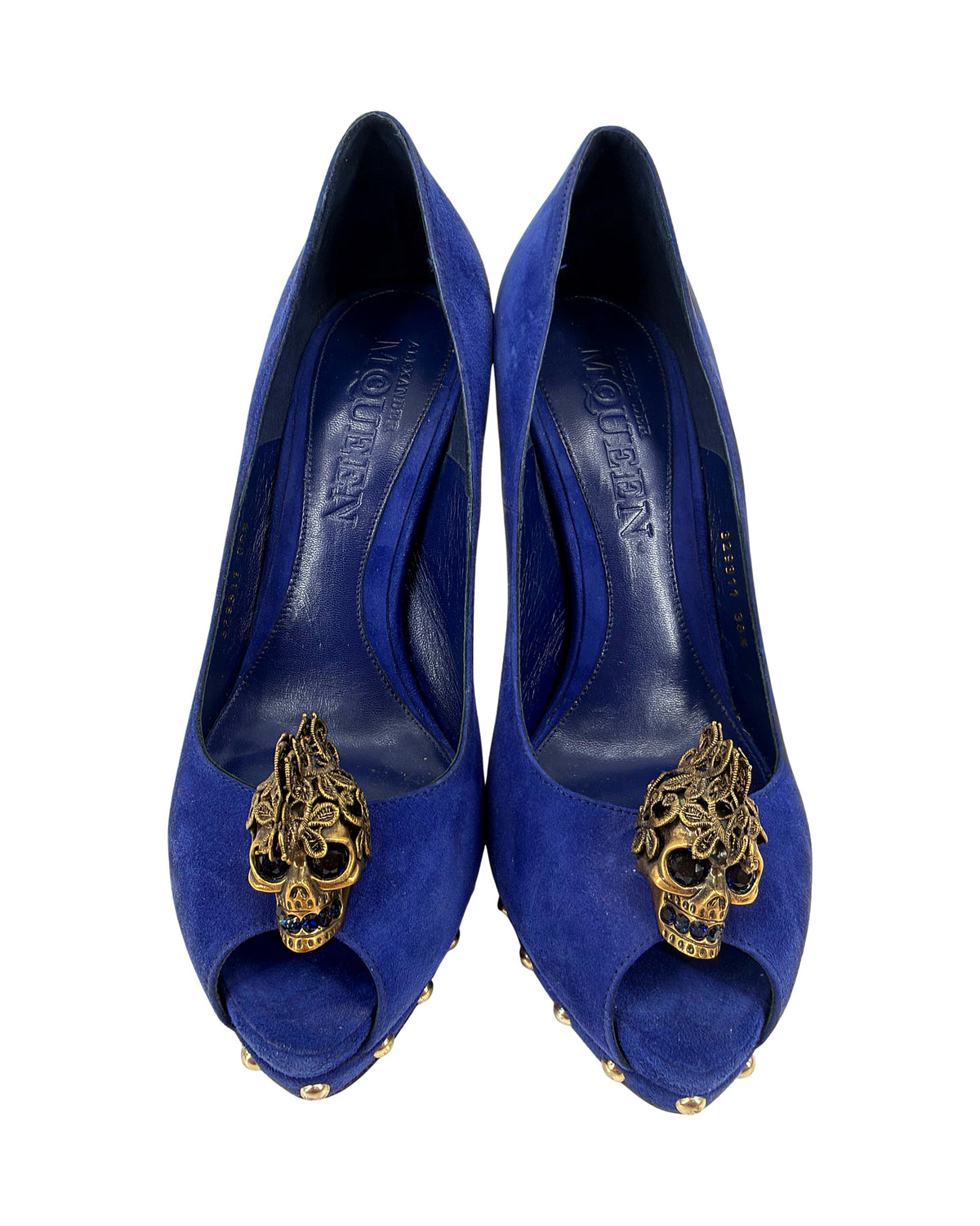 Alexander McQueen Cobalt Blue Suede Skull Peep Toe Platform Pumps Studded Size 38.5