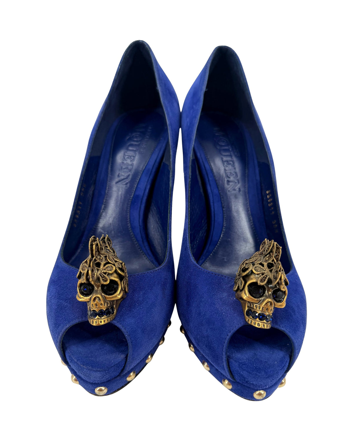 Alexander McQueen Cobalt Blue Suede Skull Peep Toe Platform Pumps Studded Size 38.5