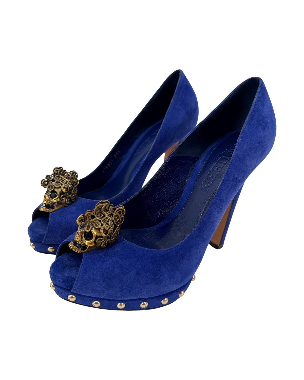Alexander McQueen Cobalt Blue Suede Skull Peep Toe Platform Pumps Studded Size 38.5