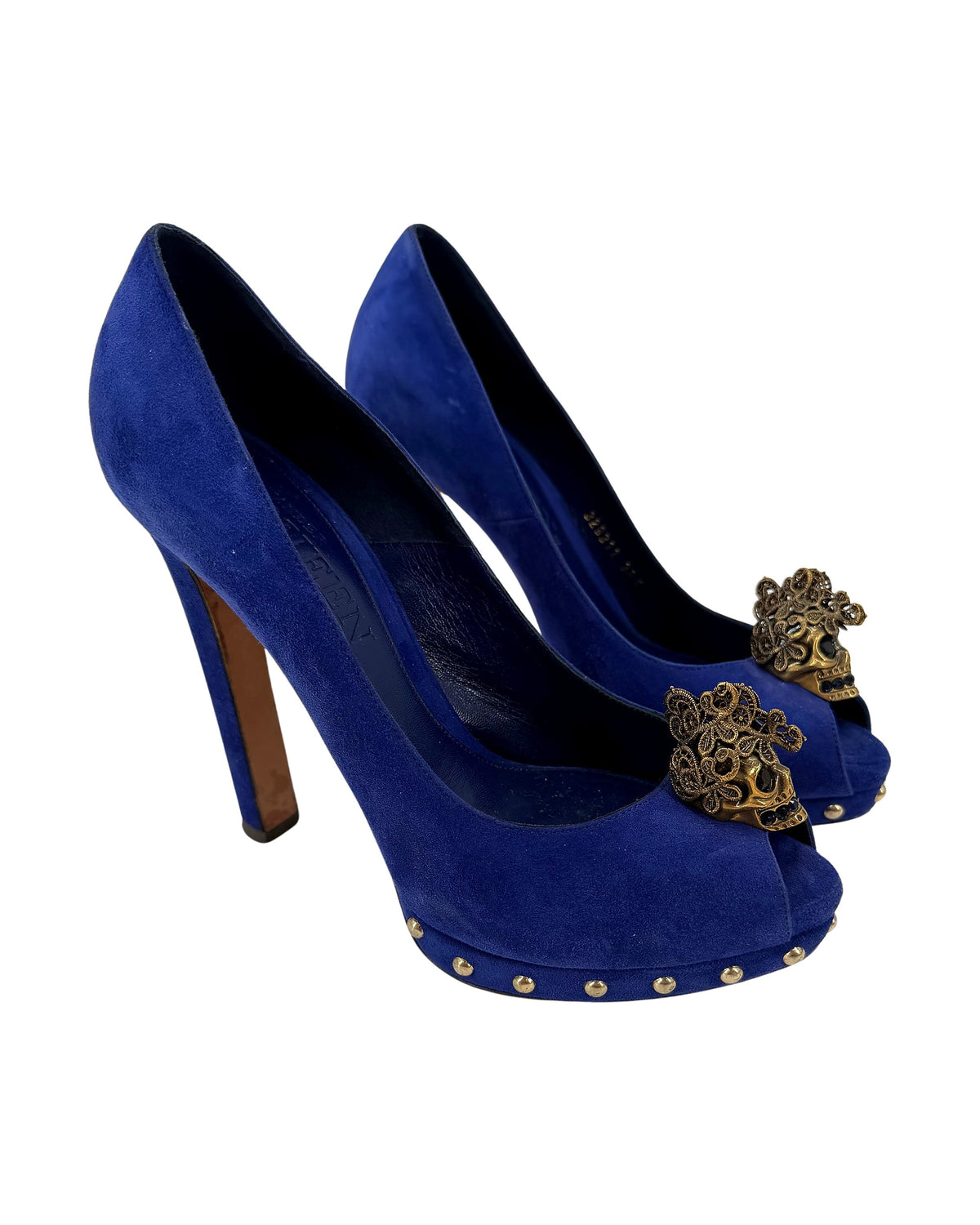 Alexander McQueen Cobalt Blue Suede Skull Peep Toe Platform Pumps Studded Size 38.5