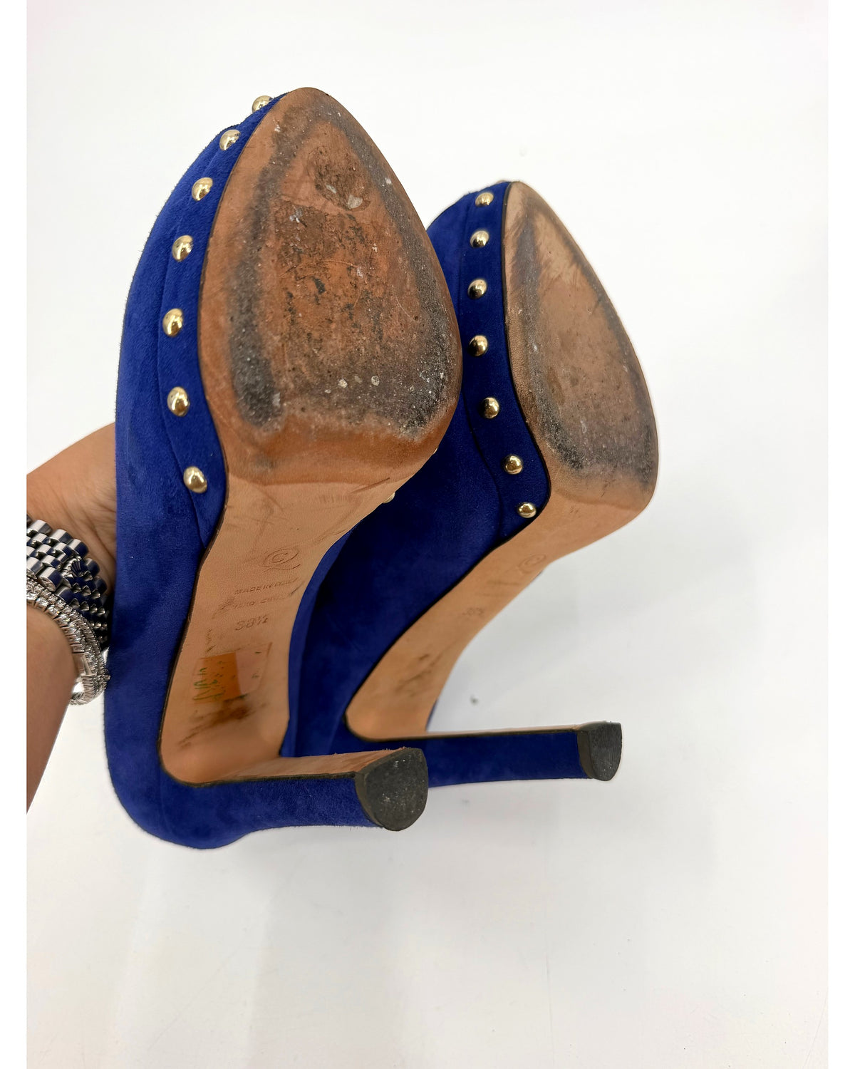 Alexander McQueen Cobalt Blue Suede Skull Peep Toe Platform Pumps Studded Size 38.5