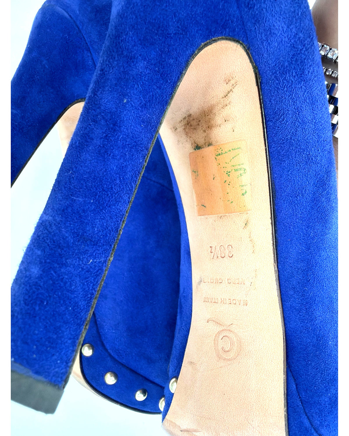 Alexander McQueen Cobalt Blue Suede Skull Peep Toe Platform Pumps Studded Size 38.5