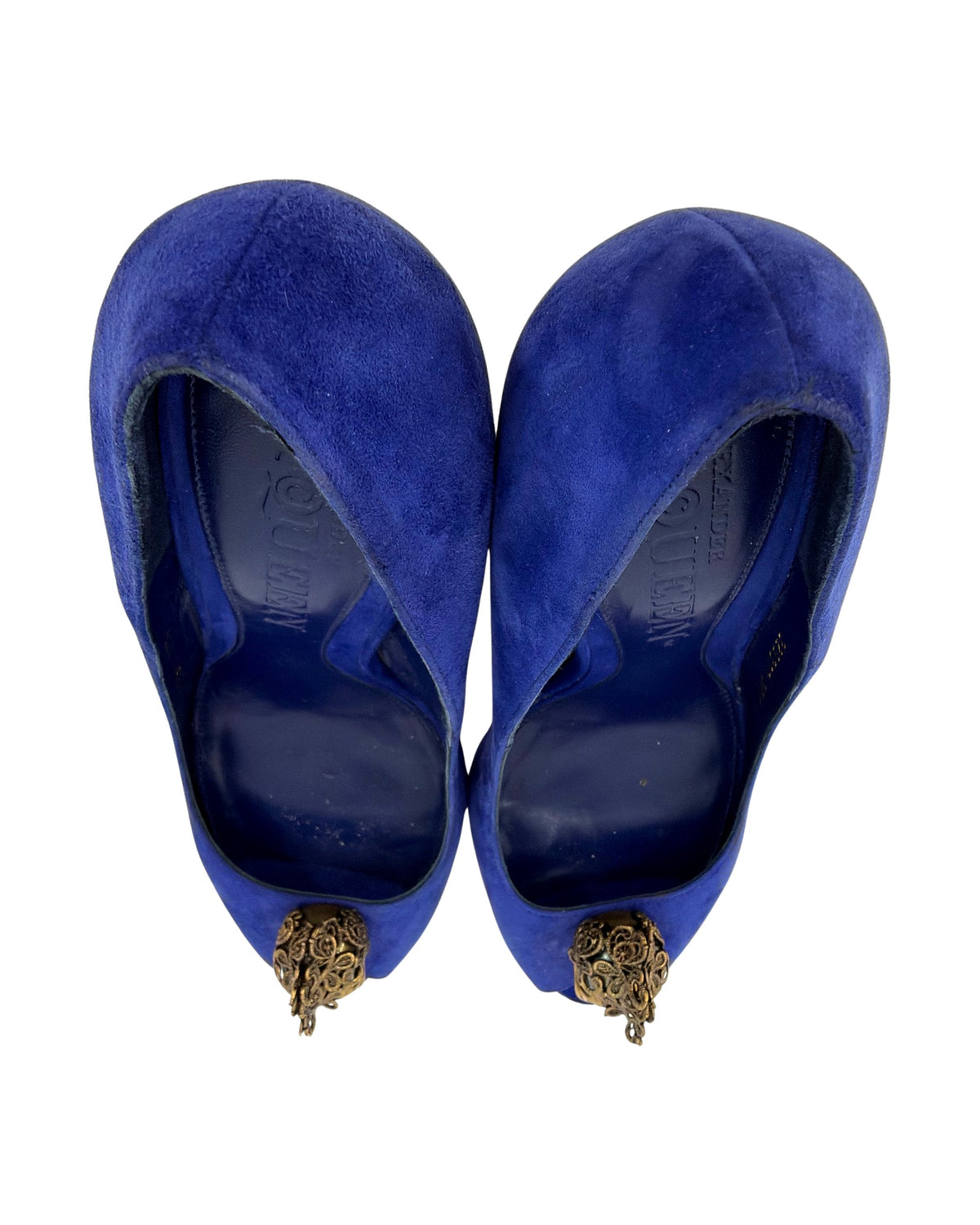Alexander McQueen Cobalt Blue Suede Skull Peep Toe Platform Pumps Studded Size 38.5